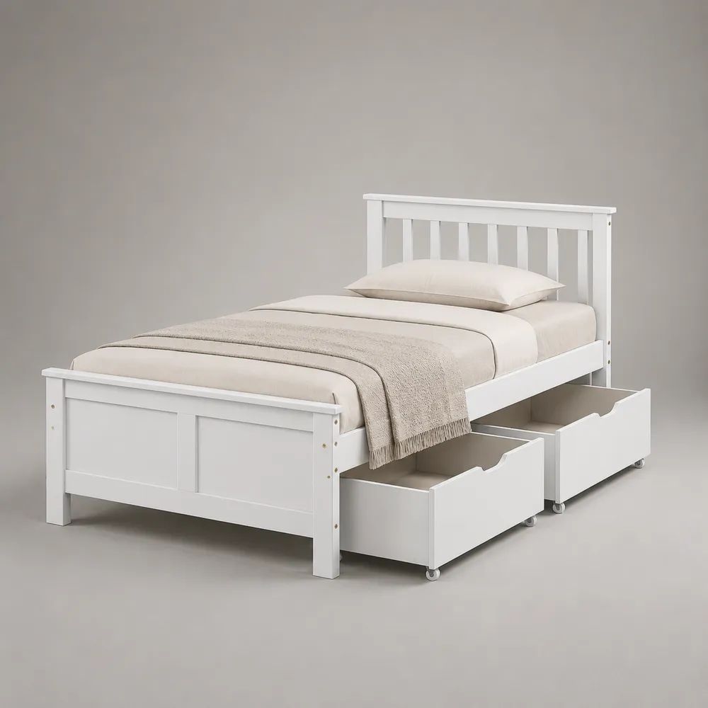 Stauraumbett 90 × 200 cm aus massivem Kiefernholz und MDF mit Lattenrost und 2 Schubladen, Weiß