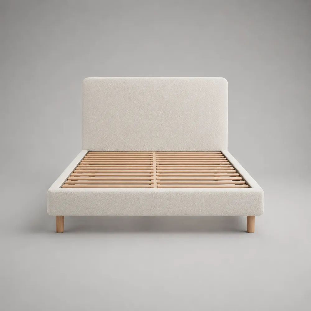 Polsterbett 140 × 200 cm mit Holzlattenrost, Bouclé-Stoff, Creme/Naturholz