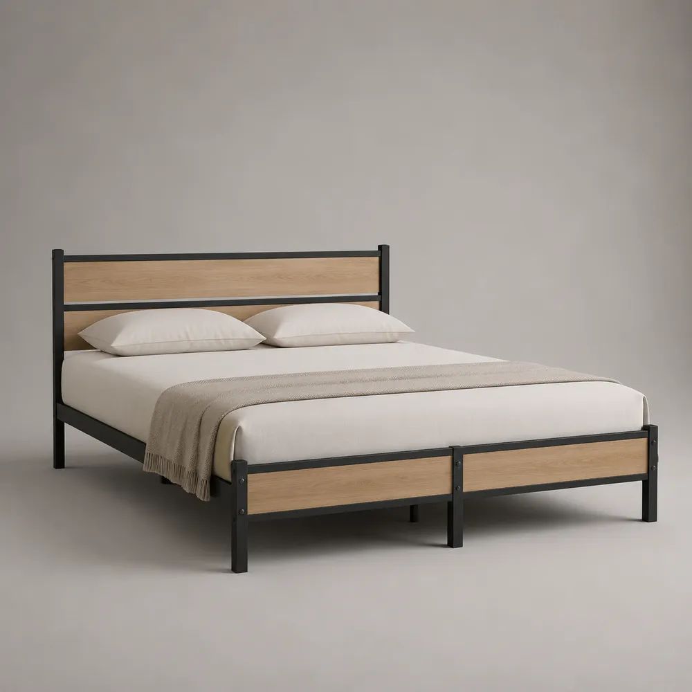Doppelbett aus Stahl und MDF in Schwarz/Natur, Liegefläche 160 x 200 cm, Gesamtmaß 207 x 166 x 105 cm