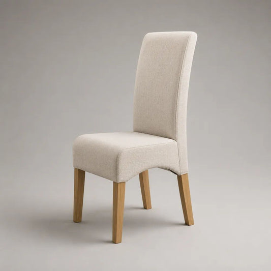 Gepolsterter Esszimmerstuhl mit hoher Rückenlehne, Stoffbezug und Holzbeinen, Beige/Natur, 45 × 55 × 100 cm