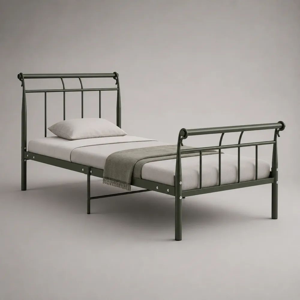 Dunkelgrünes Metall-Einzelbett 90 × 200 cm, pulverbeschichteter Stahlrahmen