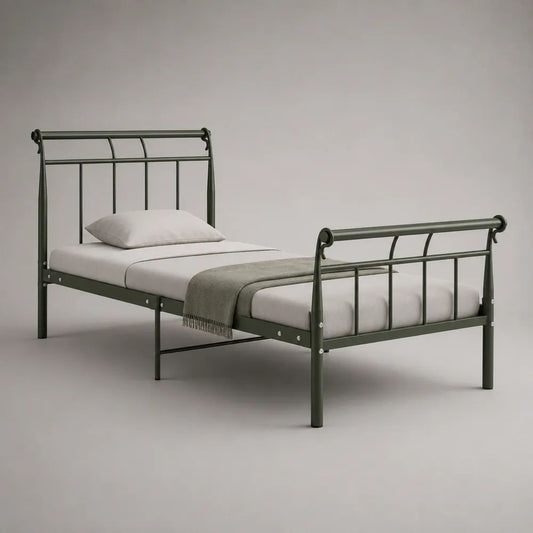 Dunkelgrünes Metall-Einzelbett 90 × 200 cm, pulverbeschichteter Stahlrahmen