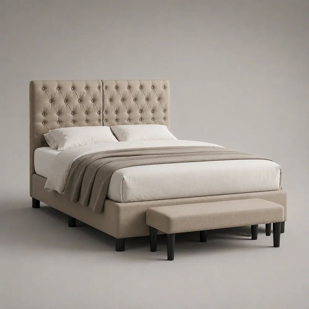 2-teiliges Polsterbett mit Sitzbank, Beige/Schwarz, Liegefläche 160 x 200 cm, Bettmaß 220 x 171 x 128 cm