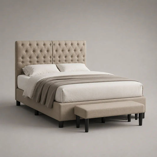 2-teiliges Polsterbett mit Sitzbank, Beige/Schwarz, Liegefläche 160 x 200 cm, Bettmaß 220 x 171 x 128 cm
