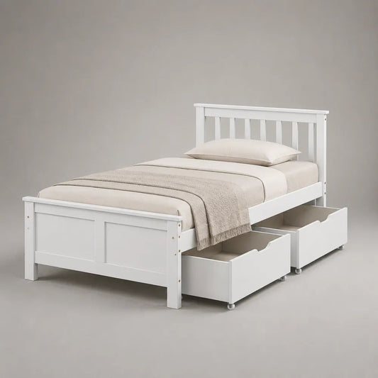Stauraumbett 90 × 200 cm aus massivem Kiefernholz und MDF mit Lattenrost und 2 Schubladen, Weiß